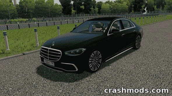 Black Mercedes-Benz W223 S450 4MATIC parked on a scenic road in City Car Driving, showcasing its luxury design.