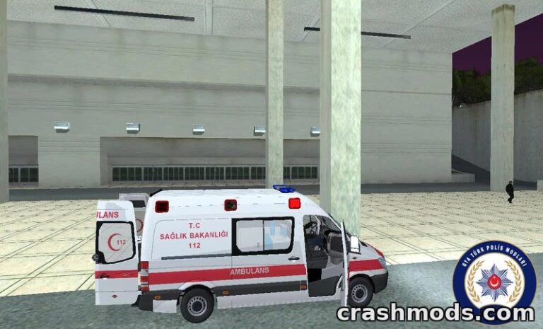 Realistic Mercedes Sprinter Turkish Ambulance parked in a modern garage setting in GTA San Andreas.