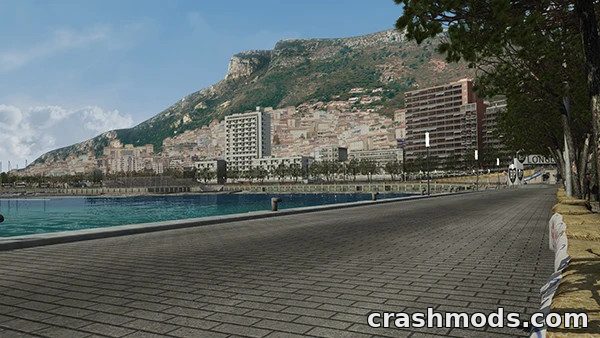 Scenic view of the Monaco 1966 Grand Prix track, featuring a coastal road and city backdrop in Assetto Corsa.