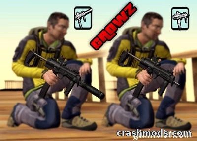Silenced MP7 Eotech SD showcased in GTA San Andreas, featuring a character kneeling with the weapon.