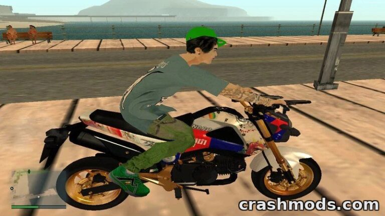 A player rides the custom MSX 125C Khmer bike along a coastal pier in GTA San Andreas.