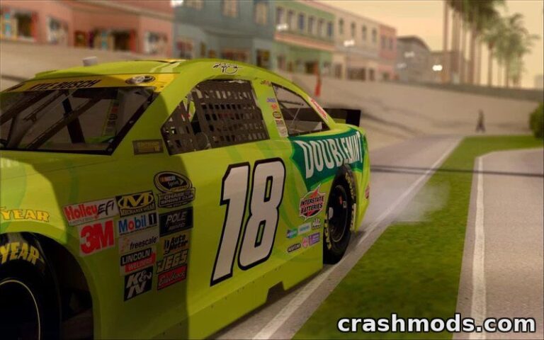 A vibrant NASCAR Toyota Camry 2013 featuring Kyle Busch's iconic livery races through a detailed San Andreas street.