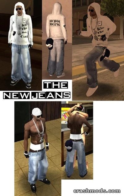 Stylish character outfits showcasing the "New Awesome Jeans" mod for GTA San Andreas, featuring various poses and details.