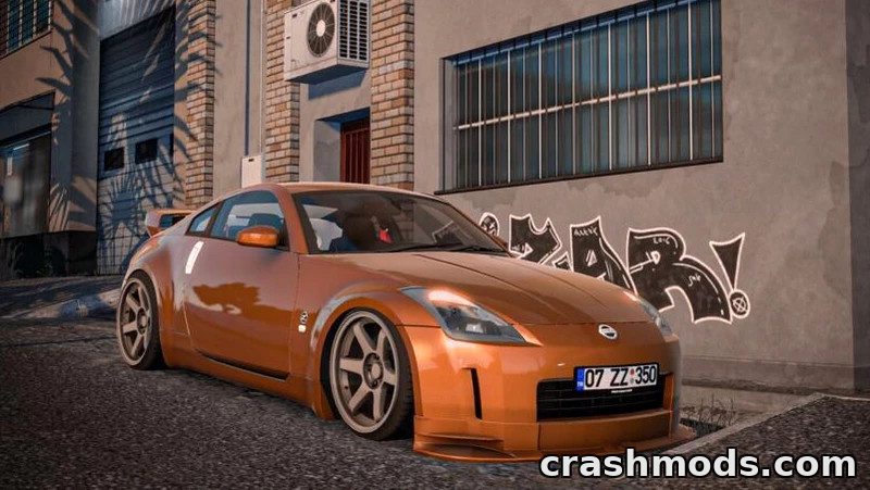 Custom Nissan 350Z sports car parked in an urban setting, showcasing its sleek design and lowered stance.