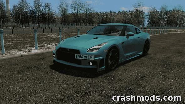 A modified Nissan GT-R 3.8 AMT parked on a scenic road in City Car Driving, showcasing its sleek design and performance.
