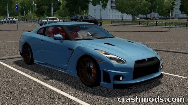 Realistic Nissan GT-R mod showcased in City Car Driving, featuring a sleek blue sports car parked in a lot.