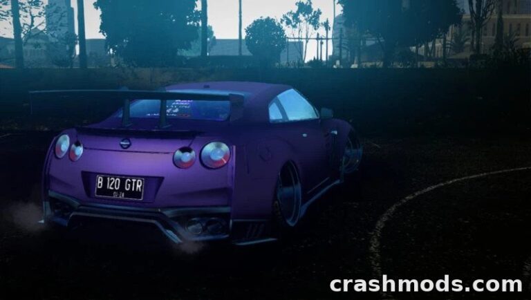Custom Nissan GTR R35 Aimgain Type sports car showcased in GTA San Andreas, featuring a sleek purple design and rear wing.