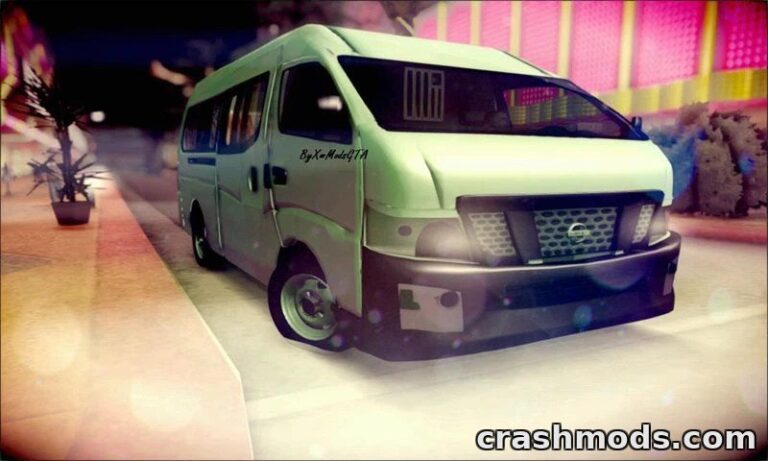 Detailed Nissan NV350 Urvan passenger van mod showcased in a vibrant urban setting for GTA San Andreas.