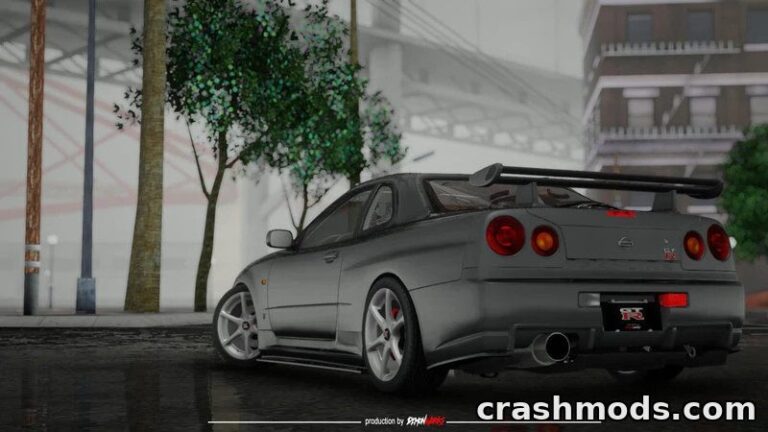 High-detail Nissan Skyline GTR R-34 parked in a rainy urban setting, showcasing sleek design and mod features.