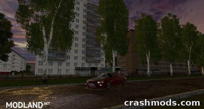 A Nissan Skyline GTR V Spec II R34 parked on a dirt road, surrounded by urban buildings at dusk in City Car Driving.