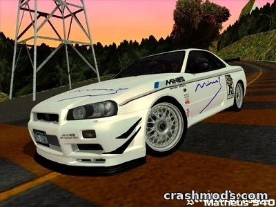Custom Nissan Skyline R34 GT-R Mine's parked on a winding road in GTA San Andreas, showcasing detailed modifications.