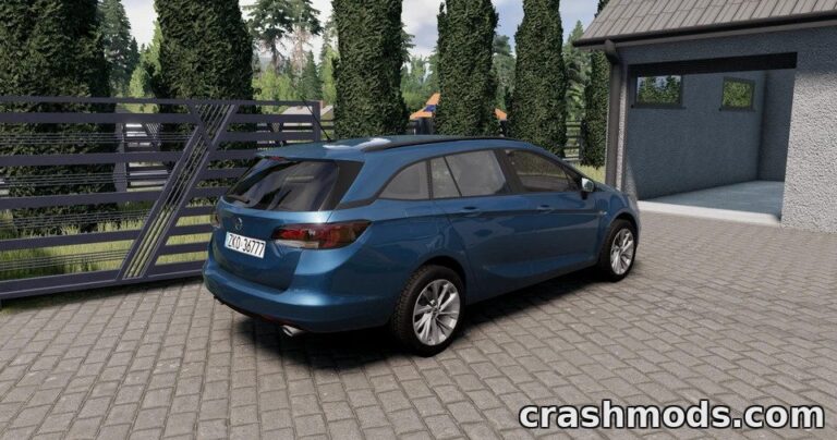 Blue Opel Astra K wagon parked in a detailed environment, showcasing its sleek design and realistic textures.