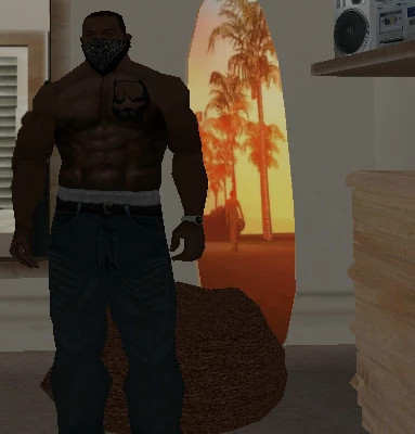 A muscular character in GTA San Andreas showcases a realistic pitbull chest tattoo while standing in a stylish room.