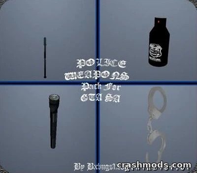 Showcases a selection of essential law enforcement equipment, including a baton, flashlight, handcuffs, and a canister.