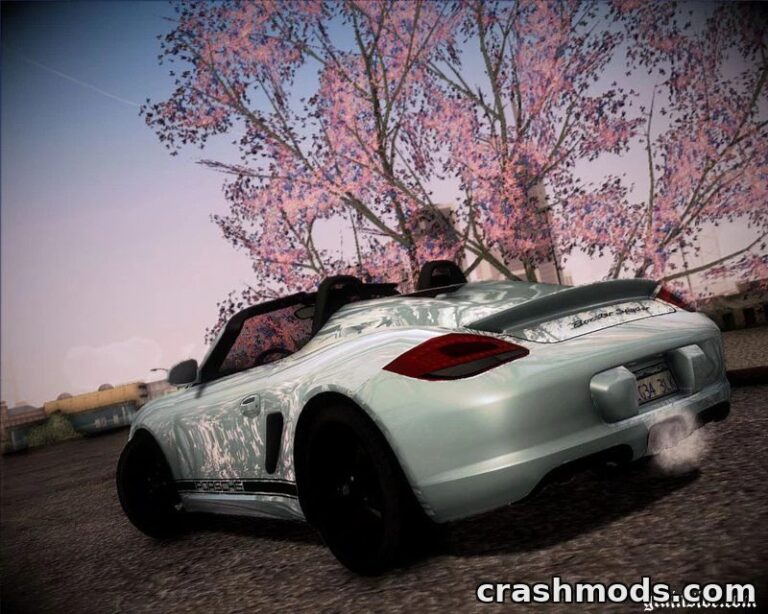 A sleek Porsche Boxster Spyder parked under blooming cherry trees in GTA San Andreas, showcasing high detail and realism.