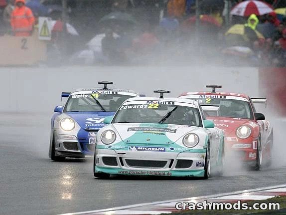 Three Porsche race cars compete in a wet race, showcasing intense action and skill in the Porsche Supercup mod for Assetto Corsa.
