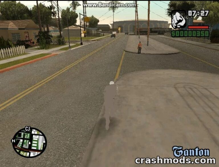 CJ uses the Quicksilver super speed skin, dashing down a San Andreas street with a pedestrian in the background.