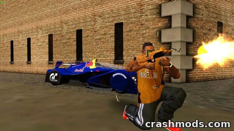 A character in GTA San Andreas fires an enhanced gold weapon while crouching beside a racing car.