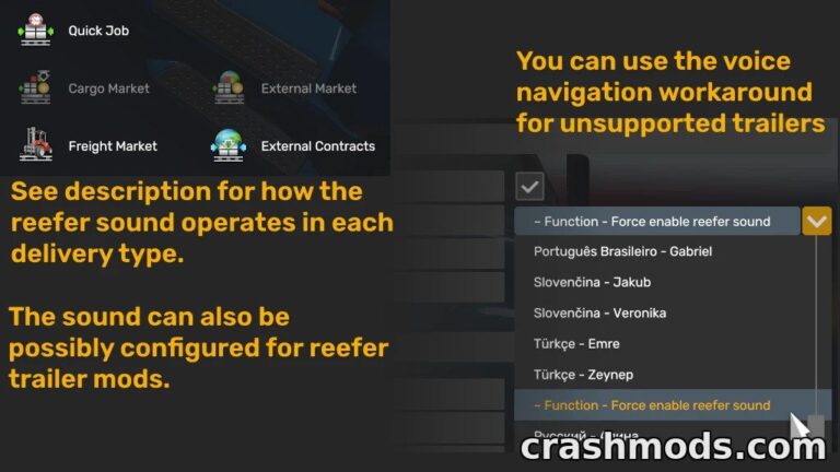 Screenshot showcasing the mod settings for the "Reefer Trailer Sound Addon" in American Truck Simulator. Options for enabling immersive audio are displayed.