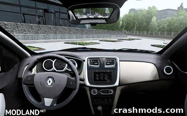 Detailed interior view of the Renault Logan 1.6L MT 2014, showcasing realistic dashboard and controls in City Car Driving.