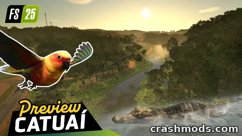Rolling hills with red soil, coffee plantations and a river on the Catuaí map in Farming Simulator 25