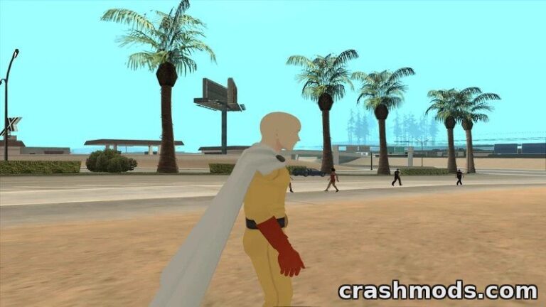 Saitama from One Punch Man walks through a sunny GTA San Andreas landscape, showcasing the anime hero skin mod.
