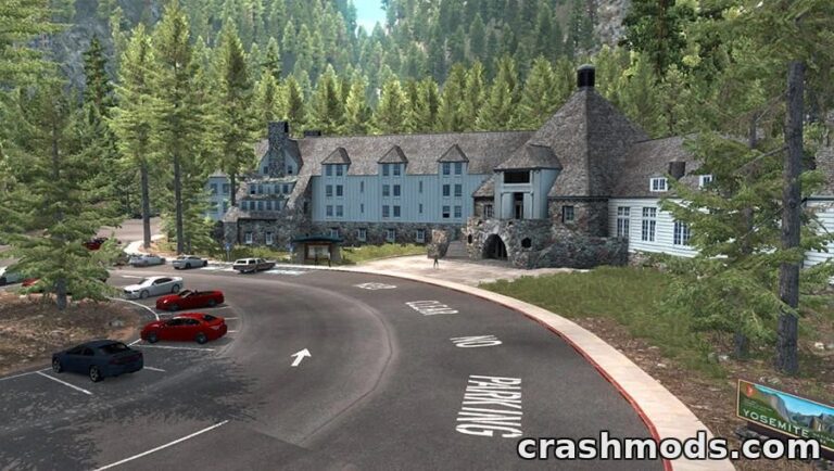 A scenic view of a lodge surrounded by tall trees in the Sierra Nevada mod for American Truck Simulator.