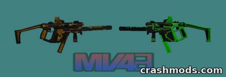 Two stylized Kriss S.V submachine guns in camo and green, showcasing a realistic weapon upgrade for GTA San Andreas.