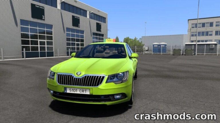 Bright green Skoda taxi parked in a realistic urban setting, showcasing detailed modding for Euro Truck Simulator 2.