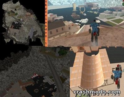 A player performs stunts on a massive sky island map in GTA San Andreas, showcasing diverse terrains and structures.