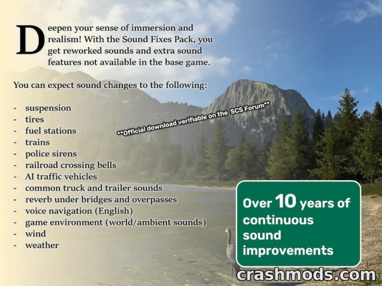 Screenshot showcasing the "Sound Fixes Pack" for American Truck Simulator, enhancing immersive audio elements.
