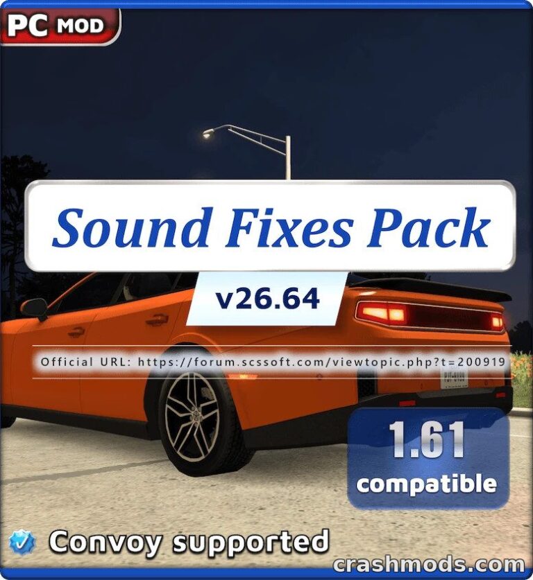 A vibrant orange truck parked under streetlights, showcasing the "Sound Fixes Pack" mod for immersive audio in American Truck Simulator.