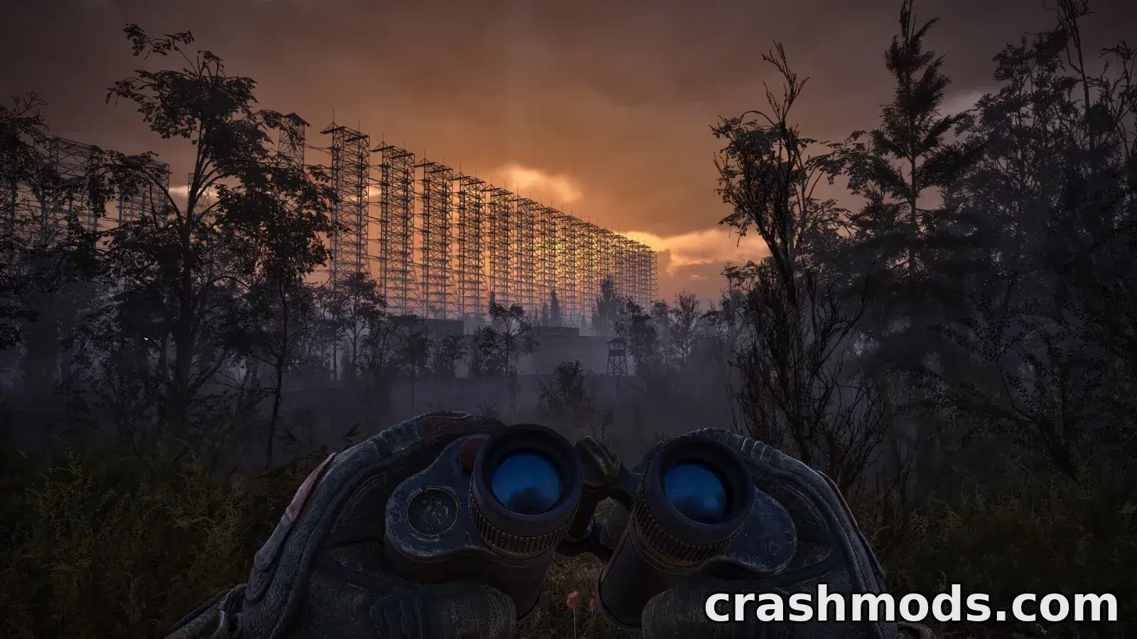 Looking through binoculars at the Duga radar at sunset in S.T.A.L.K.E.R. 2