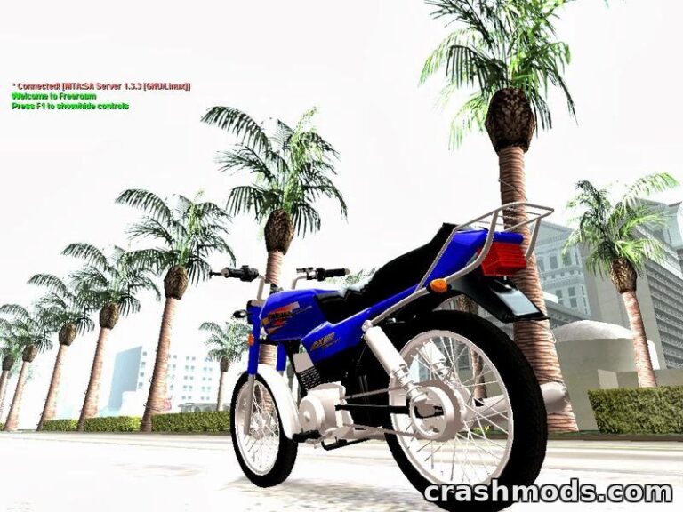 A Suzuki AX 100 street bike is showcased in a vibrant GTA San Andreas environment, surrounded by palm trees.