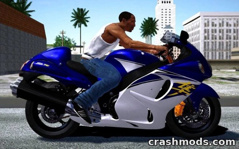 A character rides a detailed Suzuki GSX1300R Hayabusa motorcycle in a vibrant GTA San Andreas environment.