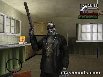 T 800 character skin in GTA San Andreas, wielding a gun in a dimly lit kitchen setting.