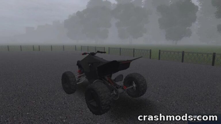 A Tesla Cyberquad ATV parked on a foggy road, showcasing its sleek design and off-road capabilities.