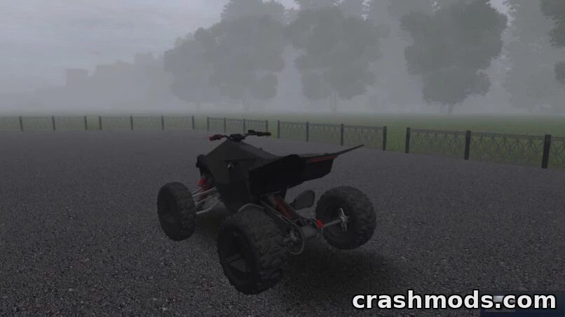 A Tesla Cyberquad ATV parked on a foggy road, showcasing its sleek design and off-road capabilities.