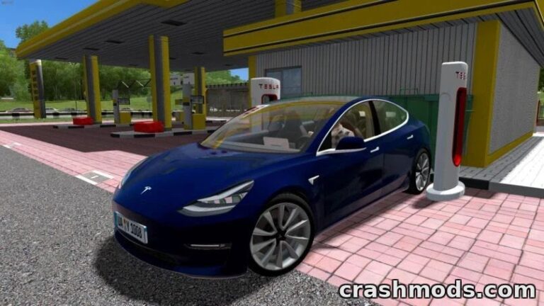 A Tesla Model 3 is parked at a realistic Tesla Supercharger station in City Car Driving, showcasing the mod's details.