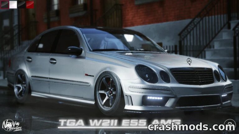 A sleek Mercedes-Benz E55 AMG W211 parked on a city street, showcasing detailed modding features for Assetto Corsa.