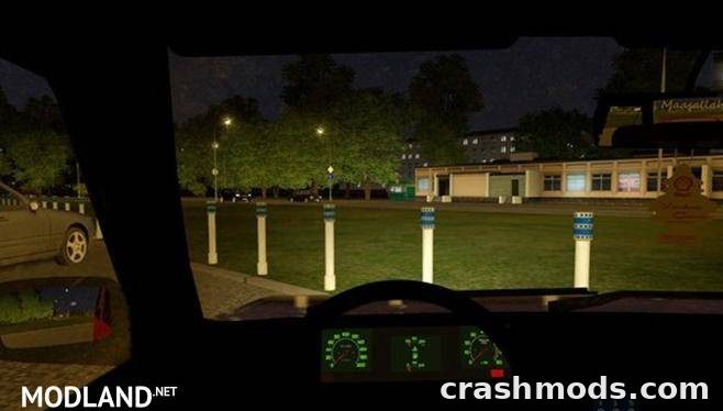View from the driver's seat of a Tofas Sahin, showcasing a nighttime urban environment in City Car Driving.
