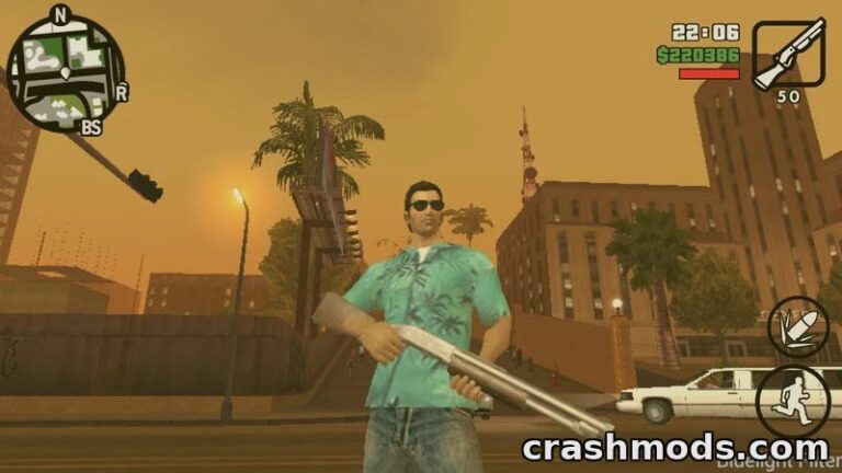 Tommy Vercetti in a tropical shirt holds a shotgun against a sunset backdrop in GTA San Andreas.