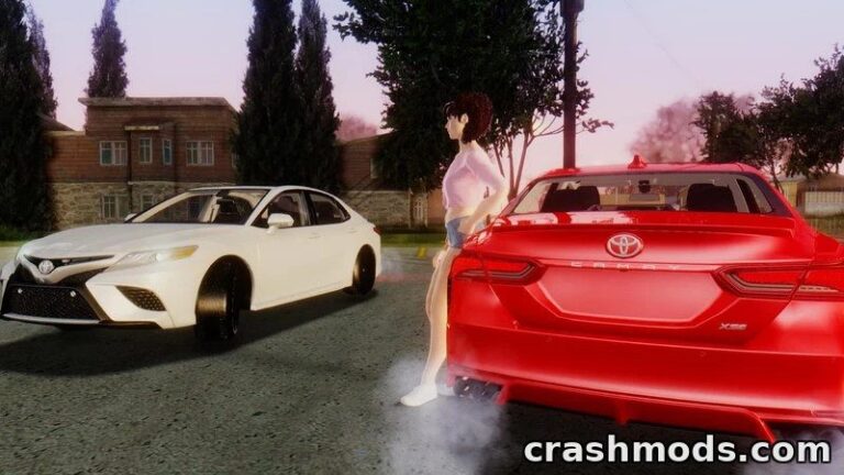 A player character stands beside a white Toyota Camry and a red sedan in a GTA San Andreas mod scene.