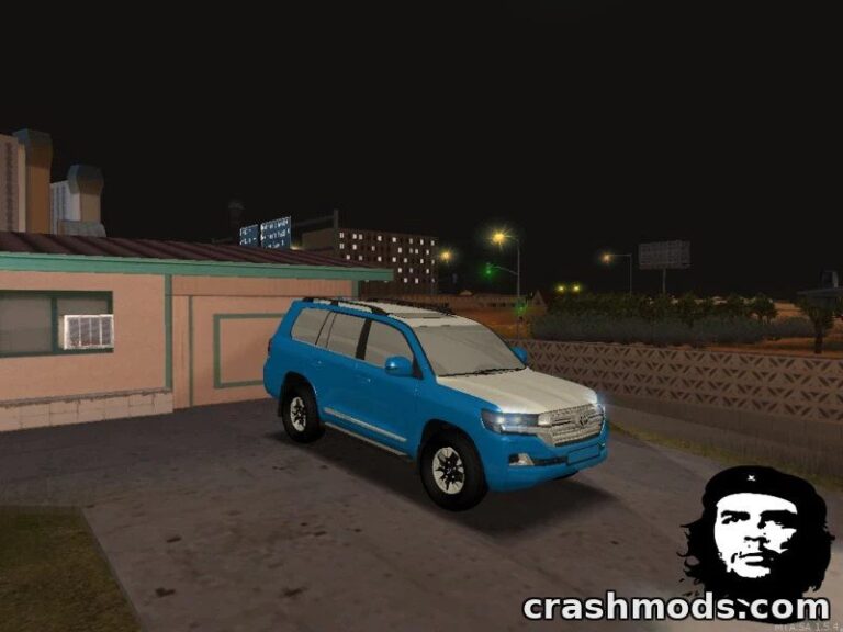 A blue and white 2016 Toyota Land Cruiser parked beside a building in GTA San Andreas at night.