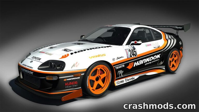 Custom Toyota Supra MKIV featuring a vibrant Hankook racing livery, showcasing sleek design and dynamic styling.