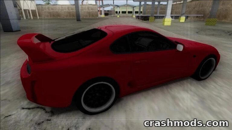 Red Toyota Supra showcased as a sports car replacement in GTA San Andreas, highlighting its sleek design and performance.