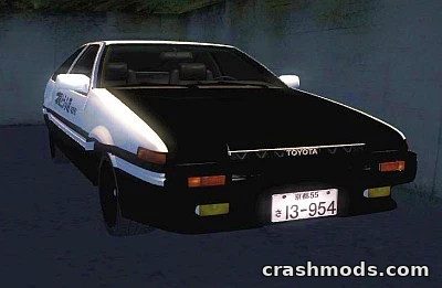 Toyota Trueno AE86 from Initial D, showcasing a sleek black and white drift car design in GTA San Andreas.