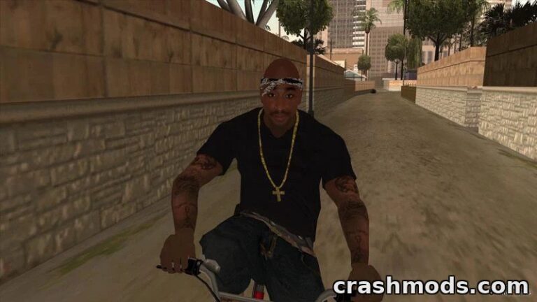 Tupac rides a bike through a San Andreas street, showcasing HD textures from the Tupac Skin Pack mod.