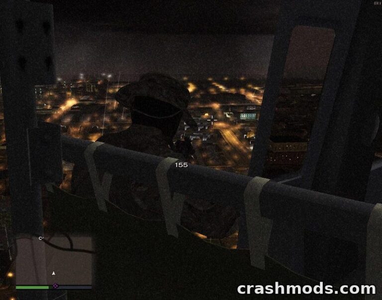 A soldier in a military helicopter surveys a city at night, ready for action in the "UH-1H Fuerza Aérea Boliviana" mod.