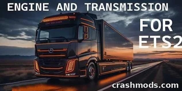 A sleek truck with enhanced engine and transmission features drives along a scenic highway, showcasing the mod for ETS2.